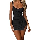 Women's Sexy Lace Dress Sleeveless Tie Front Lace Trim Sweetheart Neck Party Bodycon Mini Dresses
