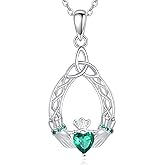 CUPENDA Celtic Claddagh Birthstone Necklace 925 Sterling Silver Claddagh Celtic Knot Pendant Irish Anniversary Birthday Jewelry for Women Mom Wife