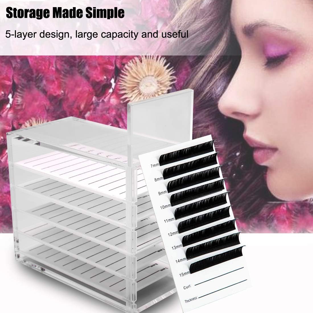 5 Layers Acrylic False Eyelash Organizer Case, Cosmetic Makeup Storage Box for Grafting Lash Extension, Clear - Image 3
