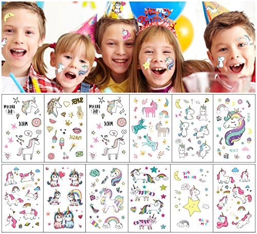 Unicorn Tattoos for Kids 12 Sheets Kids Temporary Tattoos Child Non Toxic FDA Approved Colorants Cartoon Supplies Children's Day Gift for for Boys and Girls