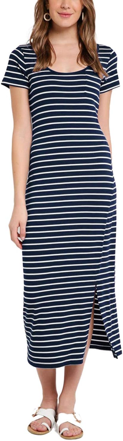 Womens Summer Midi Dress Striped Short Sleeve Dresses Side Split Casual Waist Gowns