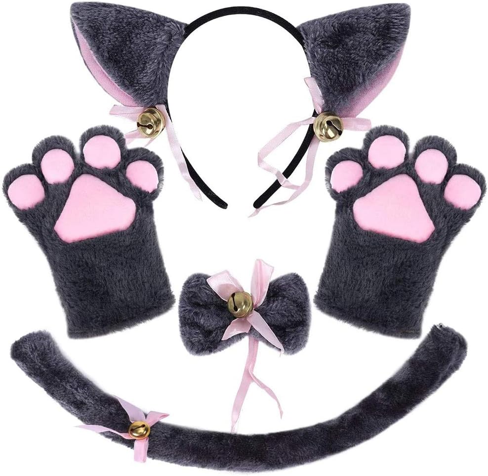 Fovely Cat Ears Headband Cat Tail Cat Paw Gloves Bell Choker Cat