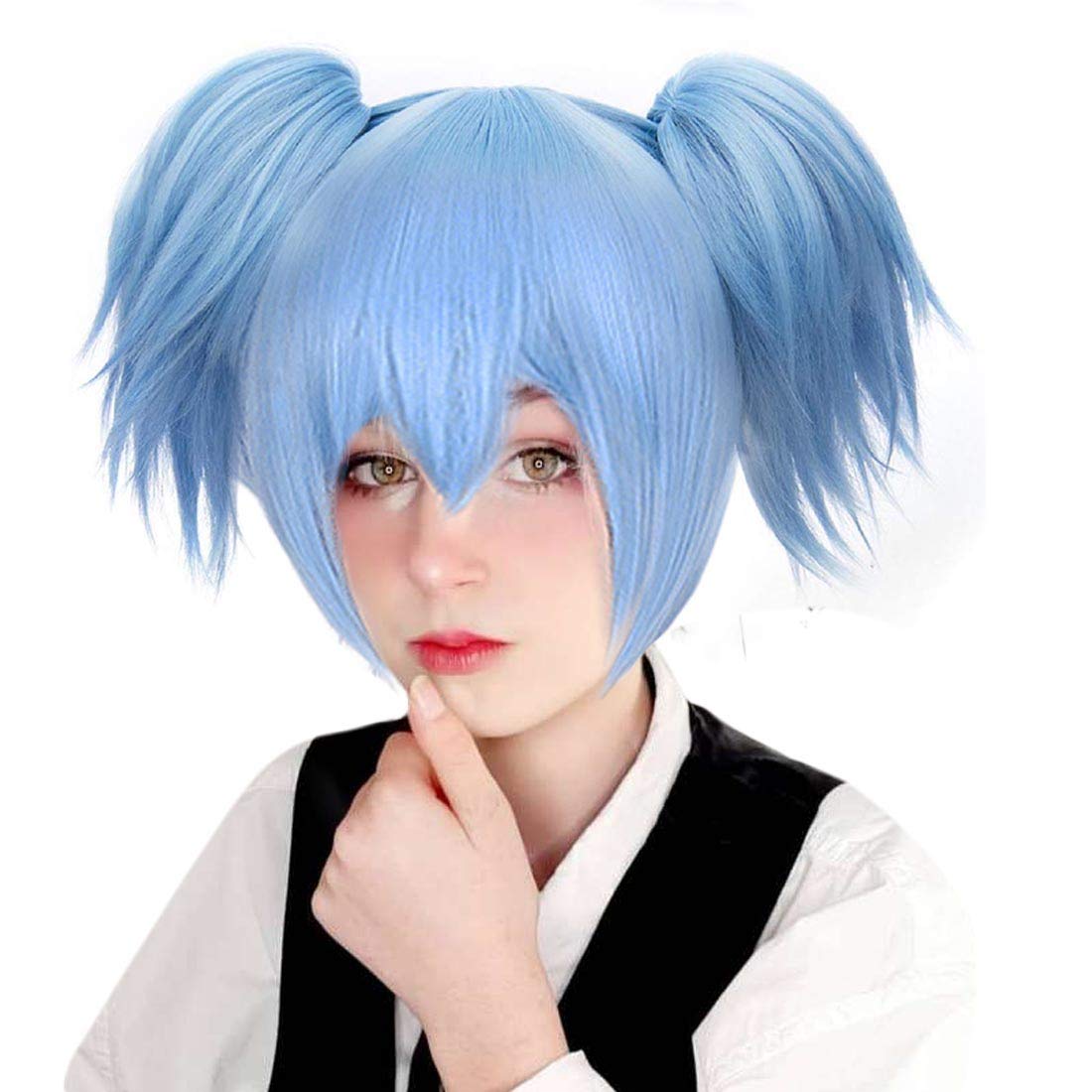 JoneTing Blue Cosplay Wig with Pigtails Synthetic Wig for Men Short Blue Wig Cosplay Costume