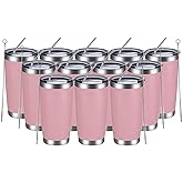 MEWAY 20oz Tumbler 12 Pack Double Wall Vacuum Insulated Travel Mug Bulk, Stainless Steel Tumblers with Lid and Straw, Durable Powder Coated Coffee Cups for Cold & Hot Drinks (Pink, 12)