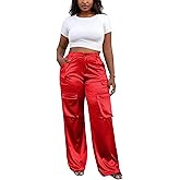 Aressdom Metallic Satin Cargo Pants for Women High Waisted Wide Leg Pants with Pockets, Dressy Going Out Concert Outfits