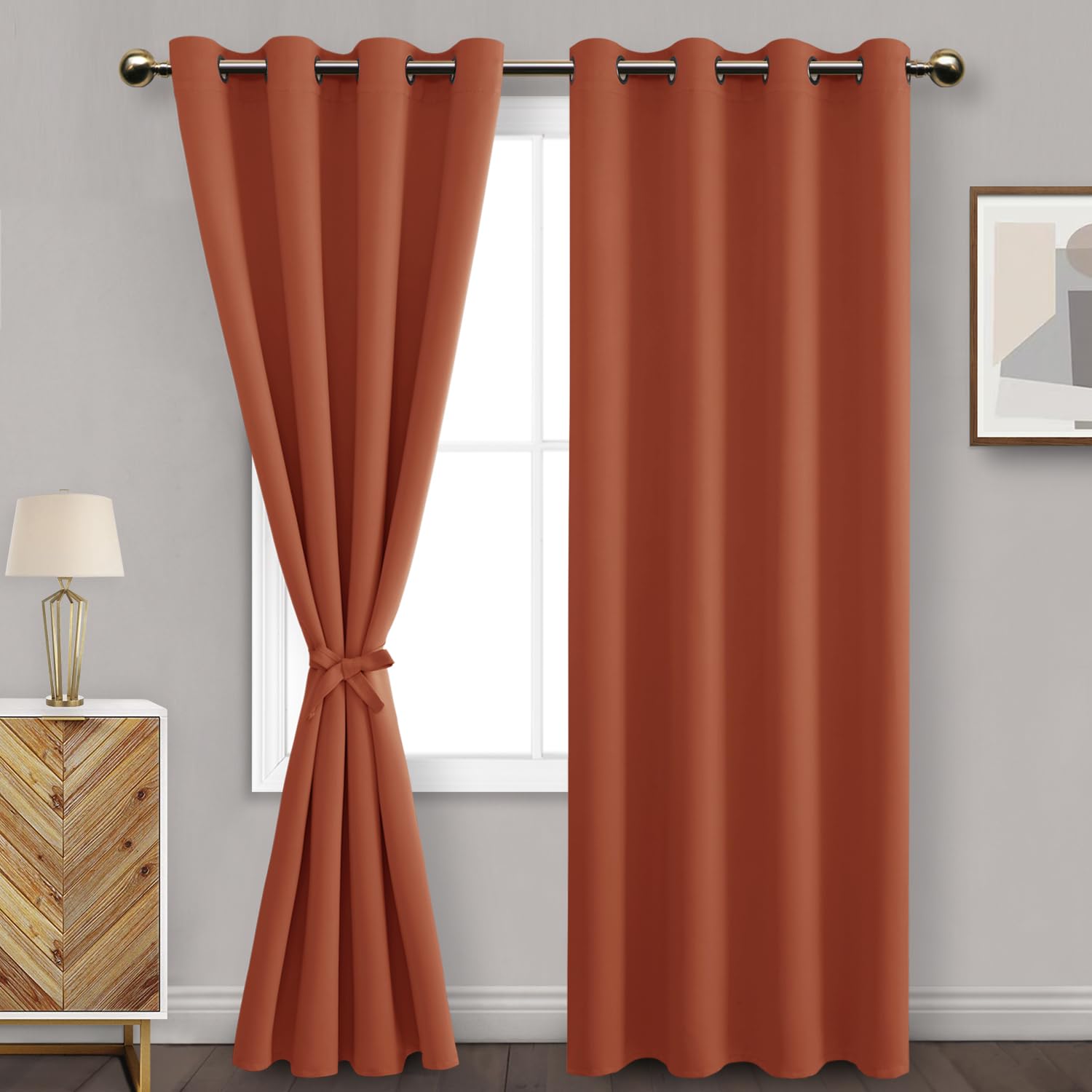 DWCN Fall Blackout Curtains for Bedroom with Tiebacks - Room Darkening Privacy Grommet Top Window Curtains for Living Room, 52 x 84 inch Length,Caramel,Set of 2 Panels Image