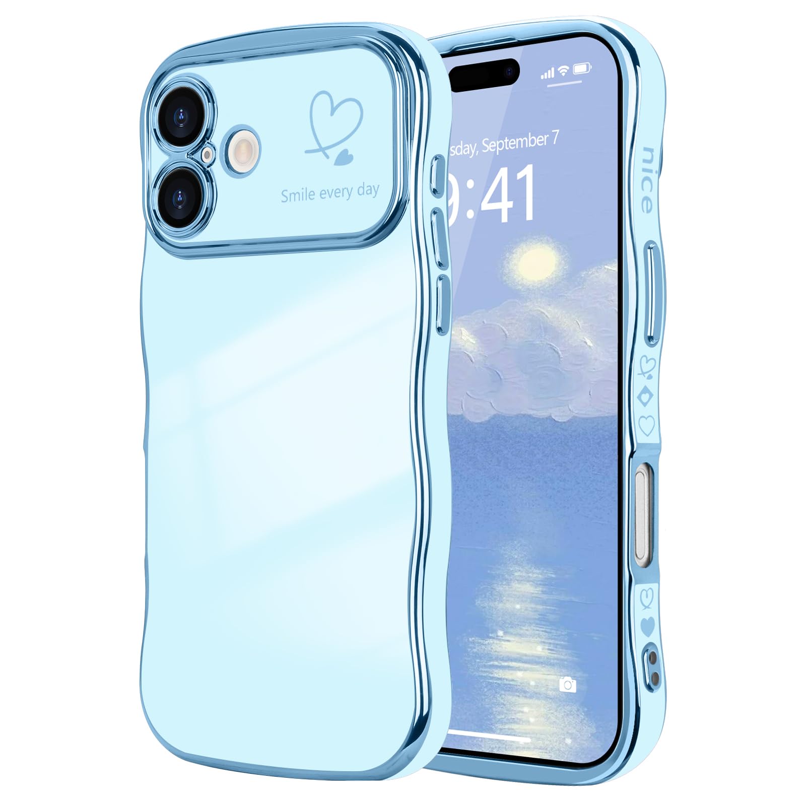 LCHULLE for iPhone 16 Plus Case for Women Girls,Cute Curly Wave Frame Shape Love Heart Pattern Phone Case,Raised Camera Protection Plating Shockproof Cover for iPhone 16 Plus 6.7",Blue