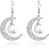 Elaximn Vintage Silver Star and Moon Dangle Earrings for Women, Hypoallergenic Crescent Moon Drop Dangle Earrings Silver Filigree Celestial Jewelry for Weddings, Sensitive Ears