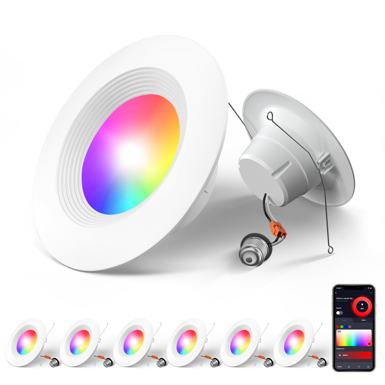 Photo 1 of Amico 6 Pack 5/6 Inch Smart WiFi LED Recessed Can Lights, RGBCW Color Changing Retrofit Recessed Lighting, Baffle Trim, APP Control, Dimmer Compatible, 12W=110W 1100LM, IC & ETL