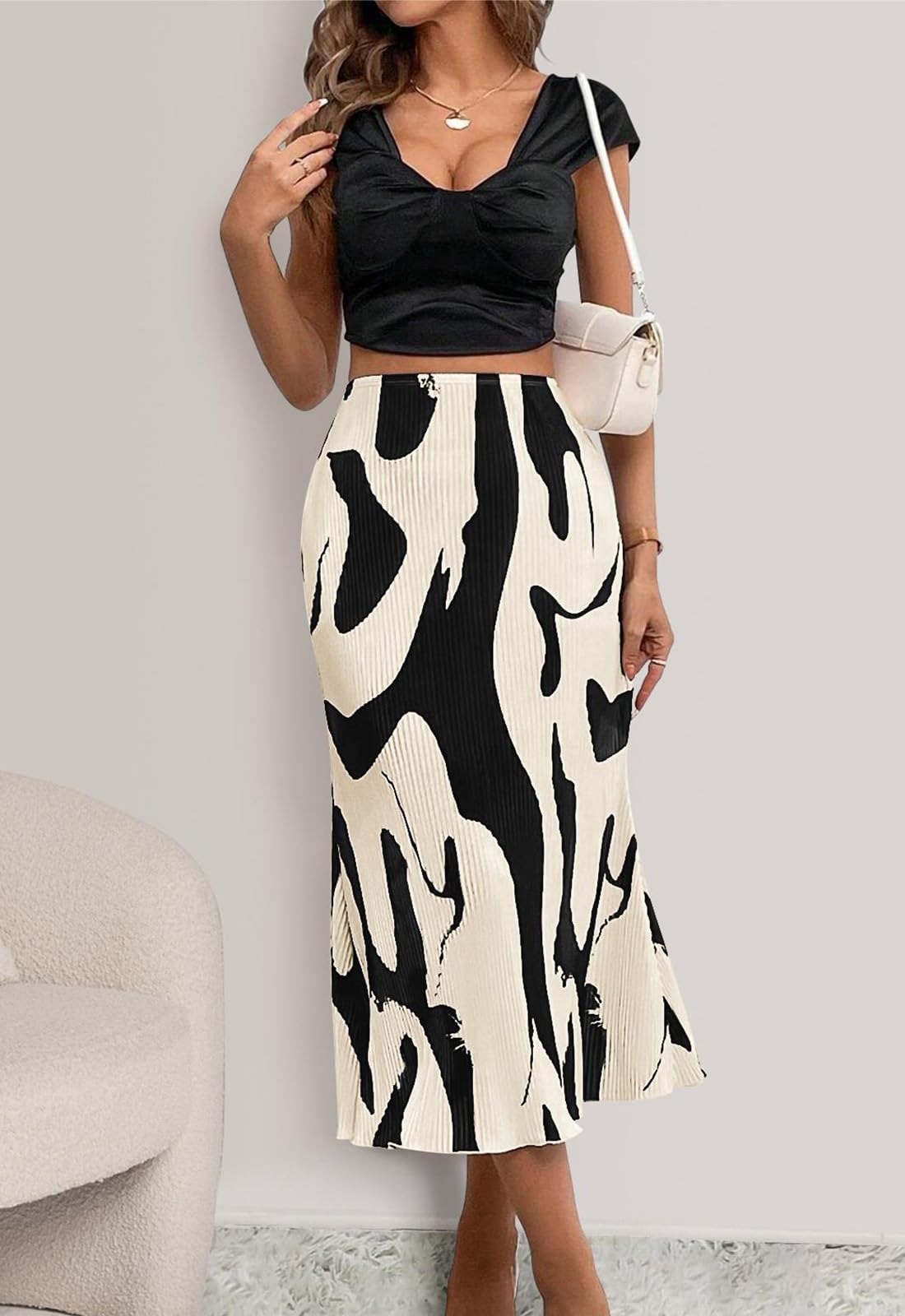 PRETTYGARDEN Women's 2025 Summer High Waist Graphic Print A Line Pleated Long Skirts for Women Trendy Plisse Midi Skirt