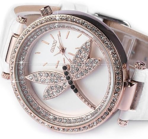 Lady Dragonfly Crystal White Leather Women Casual Party Ball Analog Quartz Watch