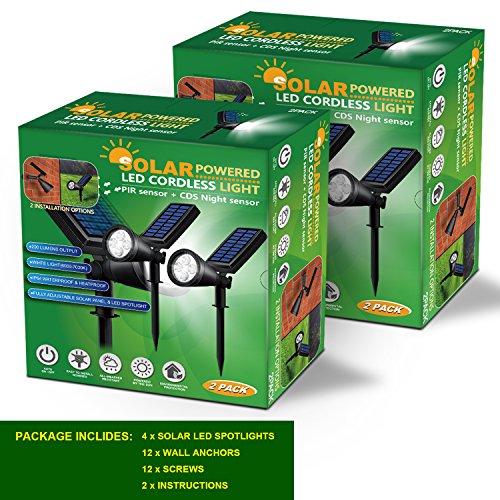 Solar Lights Outdoor, Lovin Product 2-in-1 Adjustable Solar Spotlight with 4 LED; PIR Sensor & Auto On/Off sensor/ 2 Modes/ IP64 Waterproof/ Super Bright Wall / Landscape Lights (4 PACK)