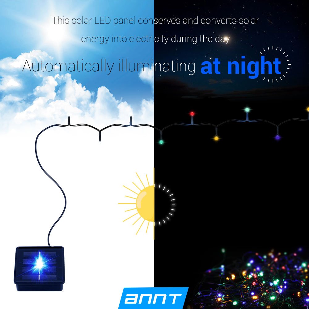 ANNT Solar Powered LED String Light, Ambiance Lighting, 55ft 17m 100 LED Solar Fairy String Lights for Outdoor, Gardens, Homes, Christmas Party (100 LED, Multi color)