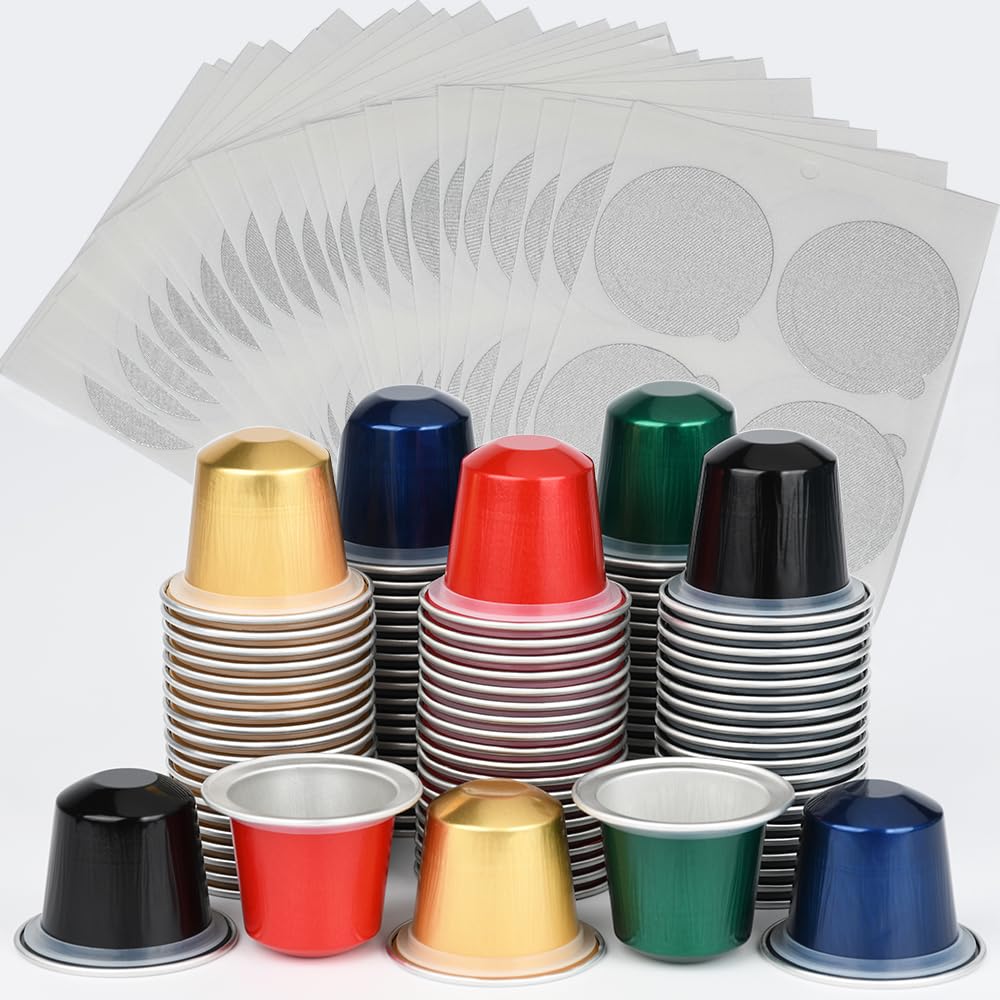 Photo 1 of 100pcs Disposable Fillable Empty Aluminum Foil Capsules Coffee Pods Compatible for Nespresso Original Line Machine,Make Your Own Espresso Coffee Cups Filters with Seals Sticker Lids(100 Pods+100 Lids)