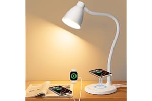 BOHON Desk Lamp for Home Office, LED Desk Light with USB C+A Charging Ports, Wireless Charger, 5 Colors Stepless Dimming Reading Light Timer, Touch Bedside Table Lamp for College Dorm Room White