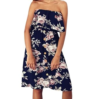 Longra Damen Elegant Ärmellos Maxikleid Blumenmuster Sommerkleid Lang Schulterfrei Partykleider mit Knopf Frauen Bandeau Bust