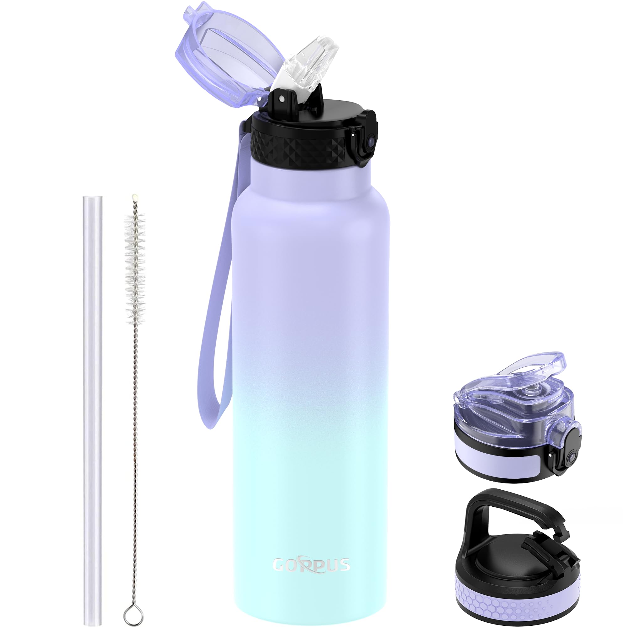 GOPPUS 750ml/26oz Stainless Water Bottle with Straw Double Wall Insulated Bottles with Strap Reusable Vacuum Thermal Flask Leakproof Keep Cold Drinks Bottles with Flip Top Lid for Men Women BPA Free