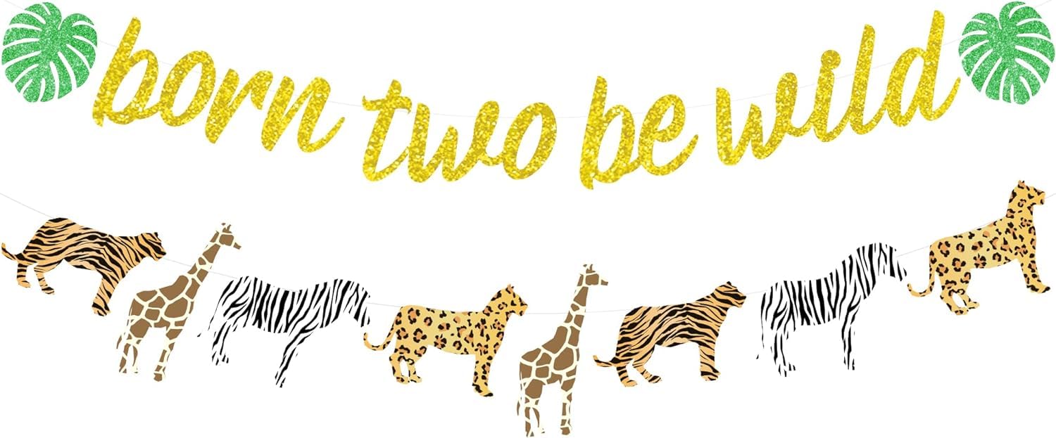 Sursurprise Born Two Be Wild Banner Gold Glitter Animal Print Cheetah Garland, Jungle Safari Theme Wild Two Second Birthday Party Decorations for Kids