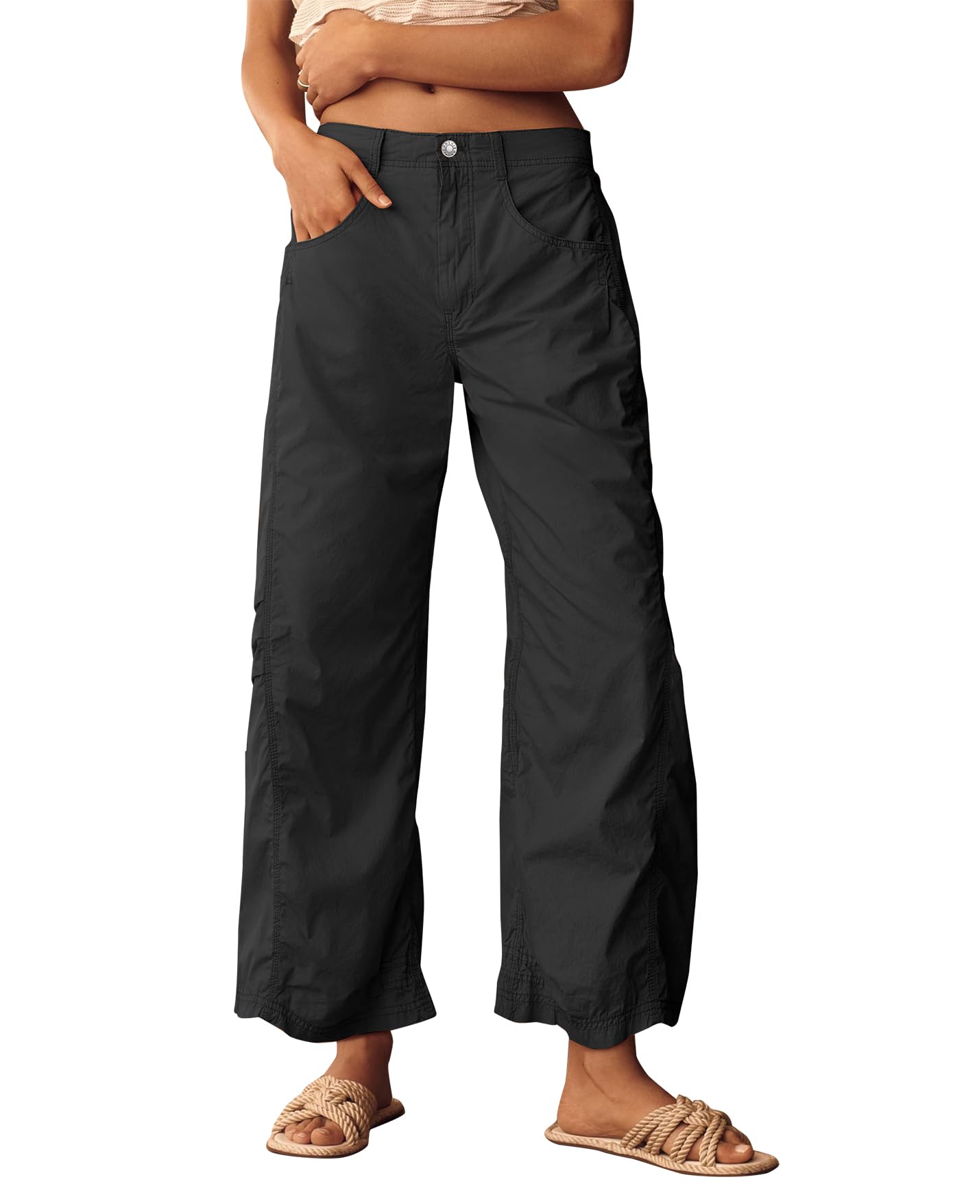 Photo 1 of Parachute Pants Woman Lightweight Barrel Pants Casual Low Rise Wide Leg Dance Jogger Sweatpants Party Black S