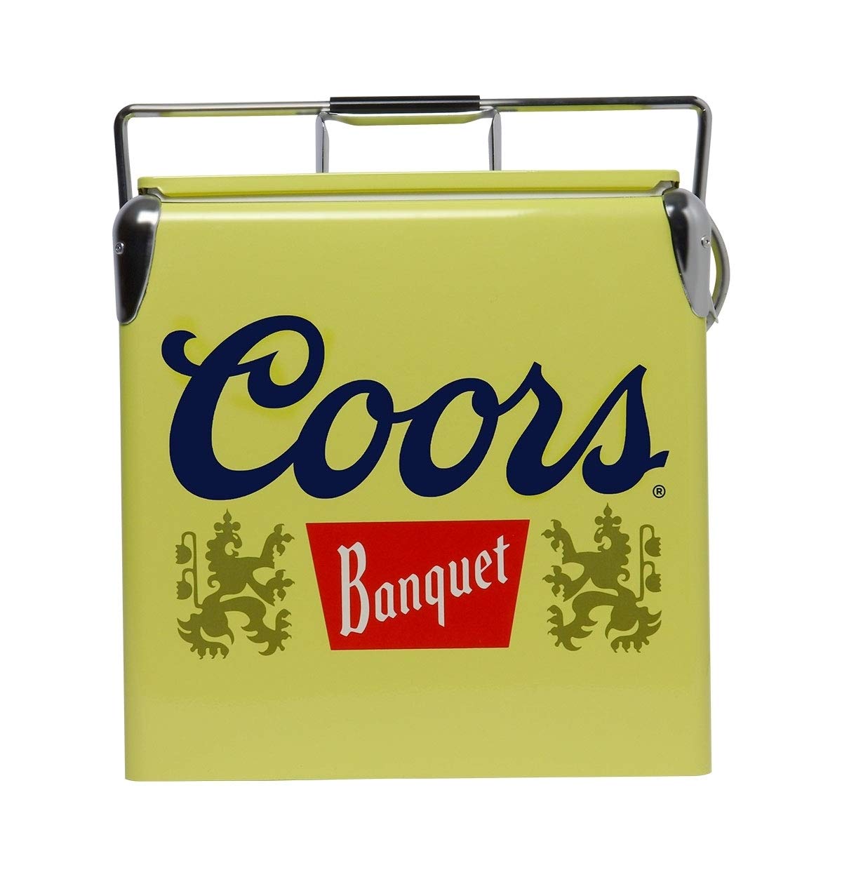 Koolatron Coors Banquet Retro Ice Chest Cooler with Bottle Opener 13L (14 qt), 18 Can Capacity, Yellow and Silver, Vintage Style Ice Bucket for Camping, Beach, Picnic, RV, BBQs, Tailgating, Fishing