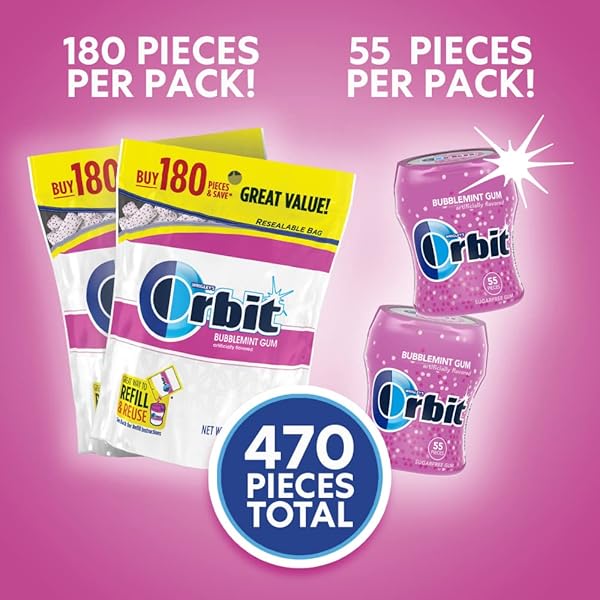 ORBIT BUBBLEMINT SUGAR-FREE CHEWING GUM BULK PACK, 2 BAGS – 180 PIECES & 2 BOTTLES – 55 PIECES BUBBLE GUM