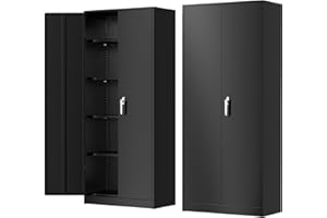 Greenvelly Metal Storage Cabinet with Lock, Steel Garage Storage Cabinet with 2 Doors and 4 Adjustable Shelves, 71" Lockable File Cabinet, Metal Tool Cabinets for Office,Home,Garage,Gym,School (Black)