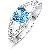 Psiroy 925 Sterling Silver Plated Princess Cut Simulated Blue Topaz Split Shank Band Engagement Ring for Women
