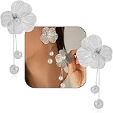 Gold Large Flower Pearl Dangle Earrings for Women Dangling Silver Unique Statement Big Floral Long Pearls Drop Bridal Earring Wedding Prom Jewelry Trendy