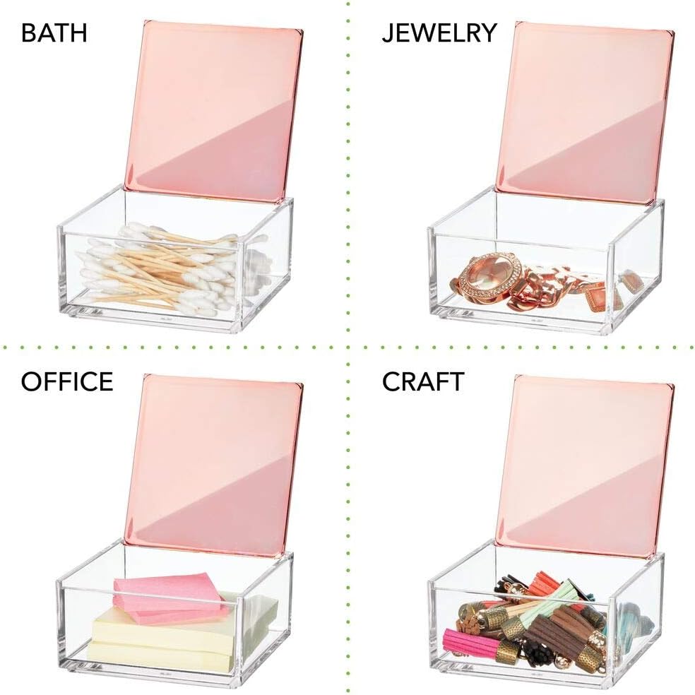mDesign Mini Makeup Organizer Box with Decorative Lid for Bathroom Vanity Countertops, Cabinet - Store Lipstick, Lip Gloss, Blush, Concealer, Jewelry - Plastic, Clear/Rose Gold: Home & Kitchen