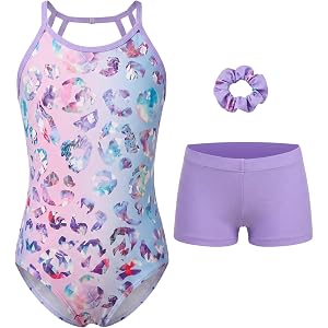 LasKit Gymnastics Leotards for Girls Halter Neck Clasp Back 3 Piece Set with Shorts Hair Scrunchie