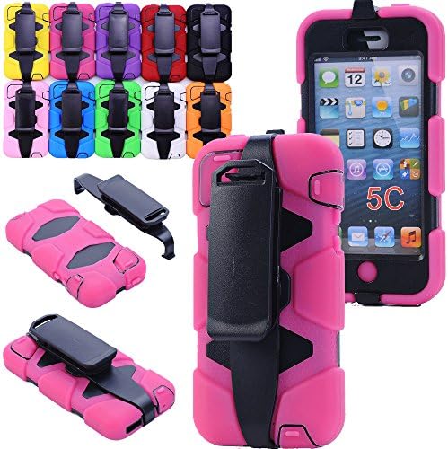 Generic For iphone 5C Rubber Case, Defender Series Heavy Duty Army Military Grade Shock-absorbing Weather Shatter-resistant Extreme Impact Hybrid Built-in Screen Protector Camo Hunter Case With Belt Clips/Holster For iphone 5C Only (Not For iphone 5/5s) (Hot Pink)