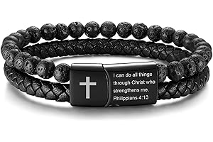 MEALGUET Men's Cross Bracelet for Men : Inspirational Bible Verse Bracelets Christian Catholic Religious Jewelry Christmas Gifts Ideas for Man, Healing Lava Rock Bead Cross Bracelet Leather Wristband