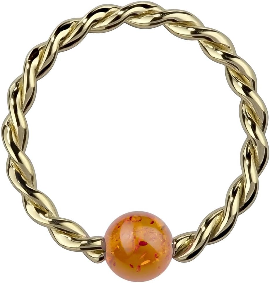 FreshTrends 18G Baltic Amber 14K Yellow Gold Twisted Captive Bead Ring