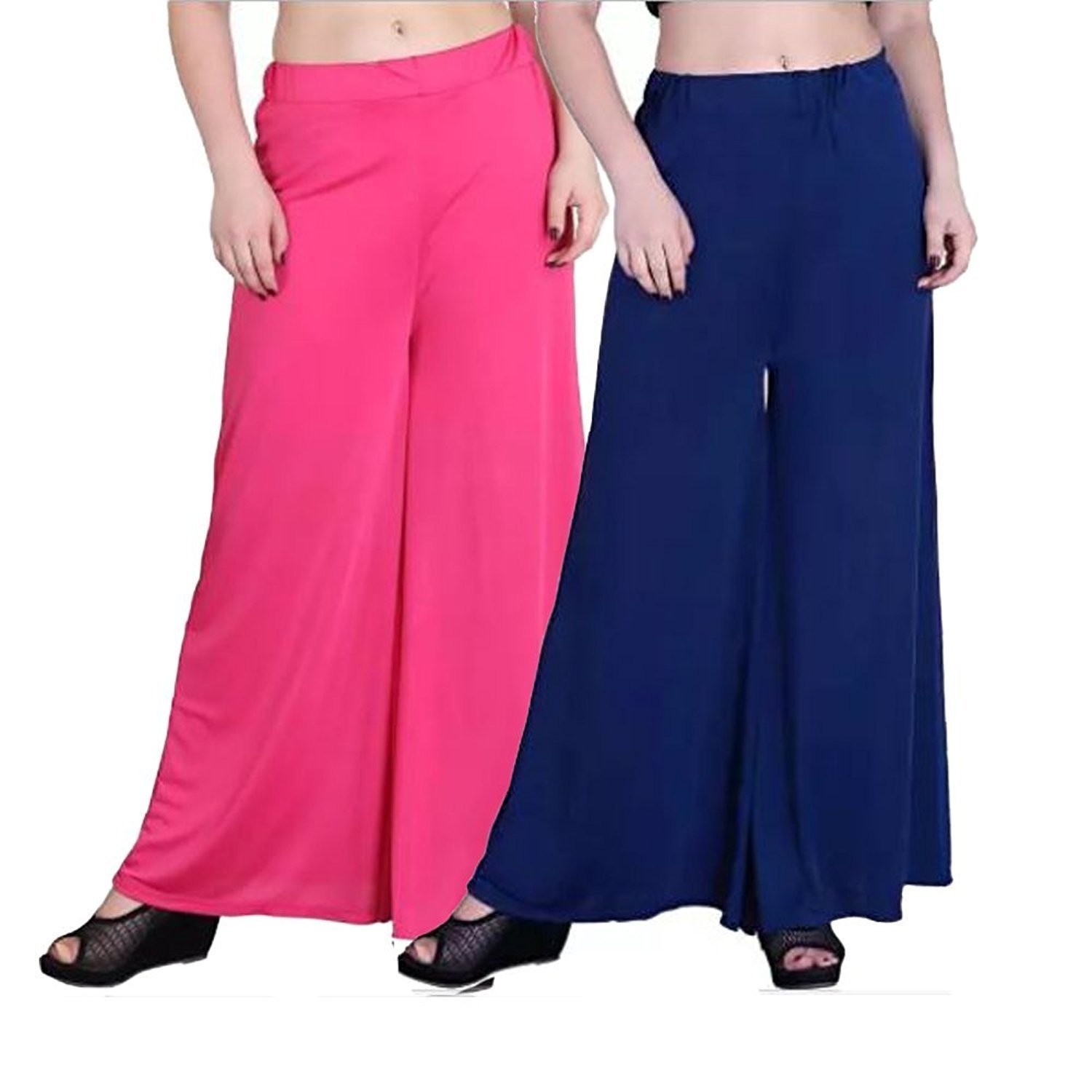 omikka women's stretchy malia lycra wide leg palazzo pants pack of 2 (free size)