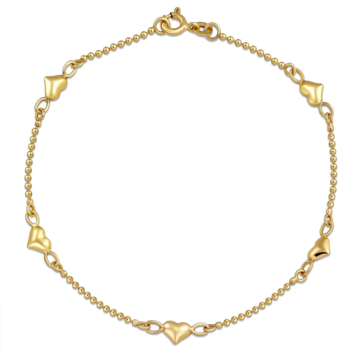 Bling Jewelry Multi Puff Station Hearts Charm Anklet Ankle Bracelet For Women Teen Beaded Ball Chain Yellow Gold Vermeil .925 Sterling Silver 9 Inch Flexible