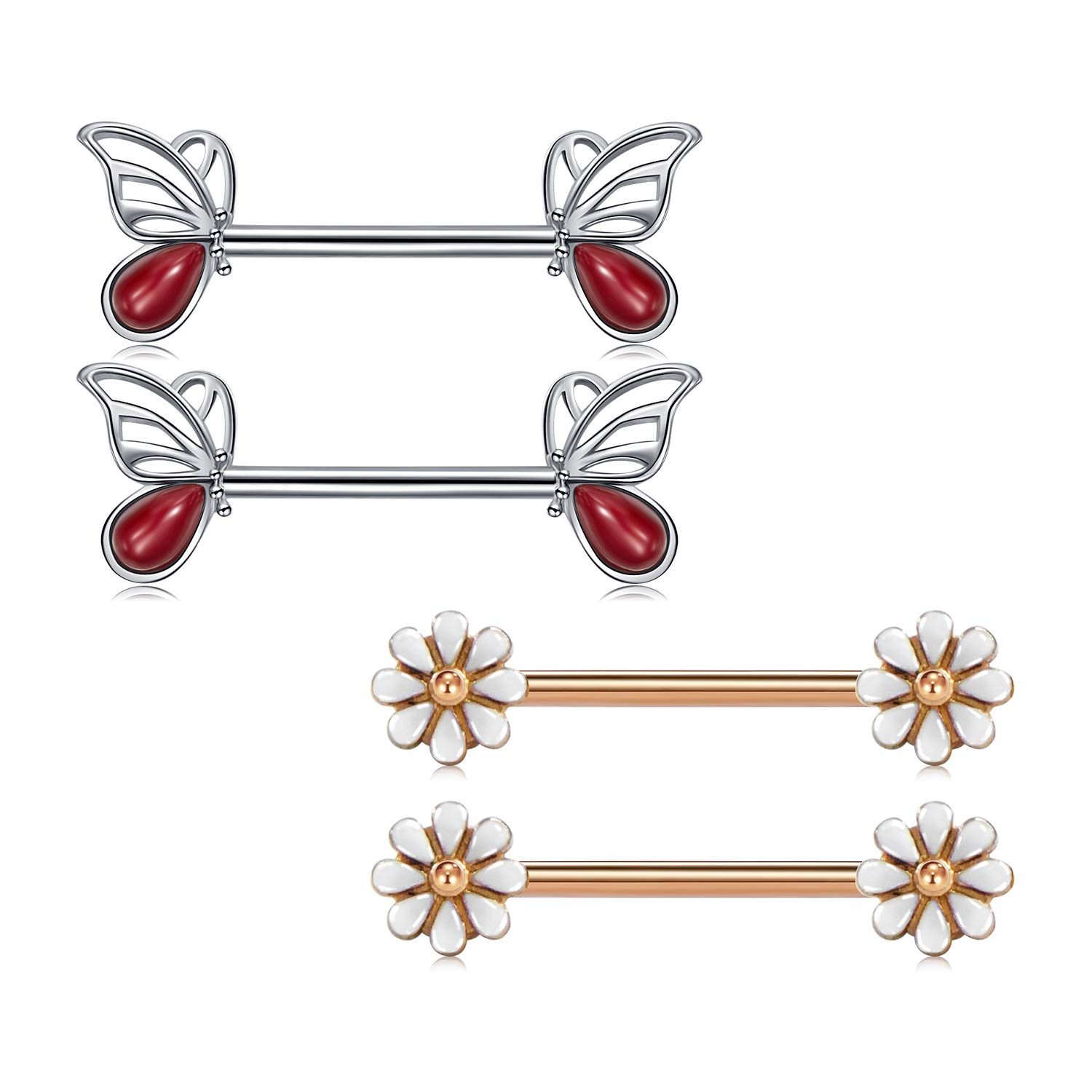 Mayhoop Nipple Rings Surgical Steel 14G Nipplerings Daisy Flower and Butterfly Styles Horseshoe Barbell Nipple Shield Ring Barbell Nipple Piercing for Women