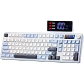 Redragon Wireless Gaming Keyboard, 98-Key Tri-Mode (BT/2.4G/Wired) RGB Computer Keyboard with Knob &amp; Display, Fade-Resistant PBT Keycaps &amp; 4000mAh Battery, Compatible with Windows/Mac - White Blue