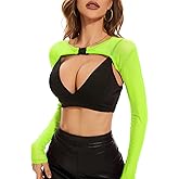 Century Star Mesh Crop Tops for Women See Through Shrug Long Sleeve Open Front Fishnet Cover Up Sexy Rave Outfits Sheer
