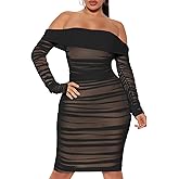 MOEENCN Mesh Long Sleeve Ruched Dress Sexy Off Shoulder Bodycon Women Knee Length Party Date Night Outfits