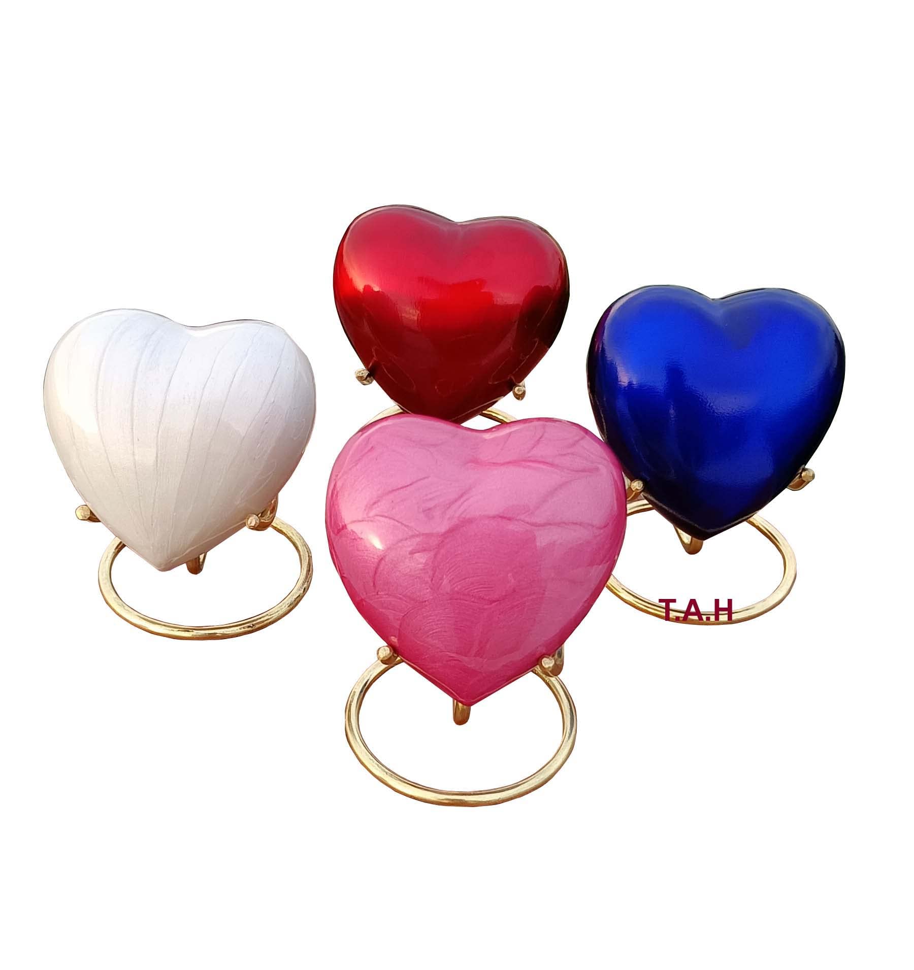THE ANTIQUE HOUSE Beautiful Set of 4 White/Blue/Pink/Red Keepsake Mini Heart Cremation Urn with Brass Stand - For Your Loved One & Human Ashes & Perfect Heart Urn For Gift