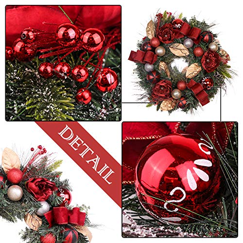 Valery Madelyn Pre-Lit 24" Trendy Red and Black Christmas Wreath with Ball Ornaments and Ribbon, Battery Operated 20 LED Lights - Thumbnail 3