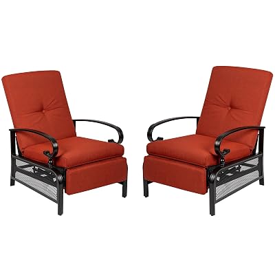 Incbruce Outdoor Lounge Chair Set of 2 Patio Furniture Adjustable Recliner with Retractable Steel Frame and Removable Thick Cushions - Red