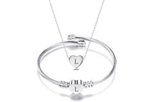 MYNENEY NIBASTAR Heart Name Necklace and Bracelet for Women Girls Stainless Steel A-Z letters Initial Statement Jewelry Set Gift for Mother's Day