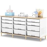 TOOLF 12 Drawers Storage Cabinet with Wooden Top and Plastic Bins, White | Toy Shelf Storage Chest Cubby Organizer(13.1"D x 45.8"W x 20.59"H), for Home, Office, Playroom, Classroom &amp; Craft Room