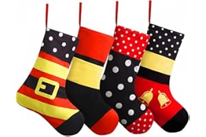 Floraltop 4 Pcs 18" Cartoon Christmas Stocking Large Flannel Black Red Animal Hanging Christmas Stocking for Fireplace Mantel Xmas Tree Family Holiday Party Decorations