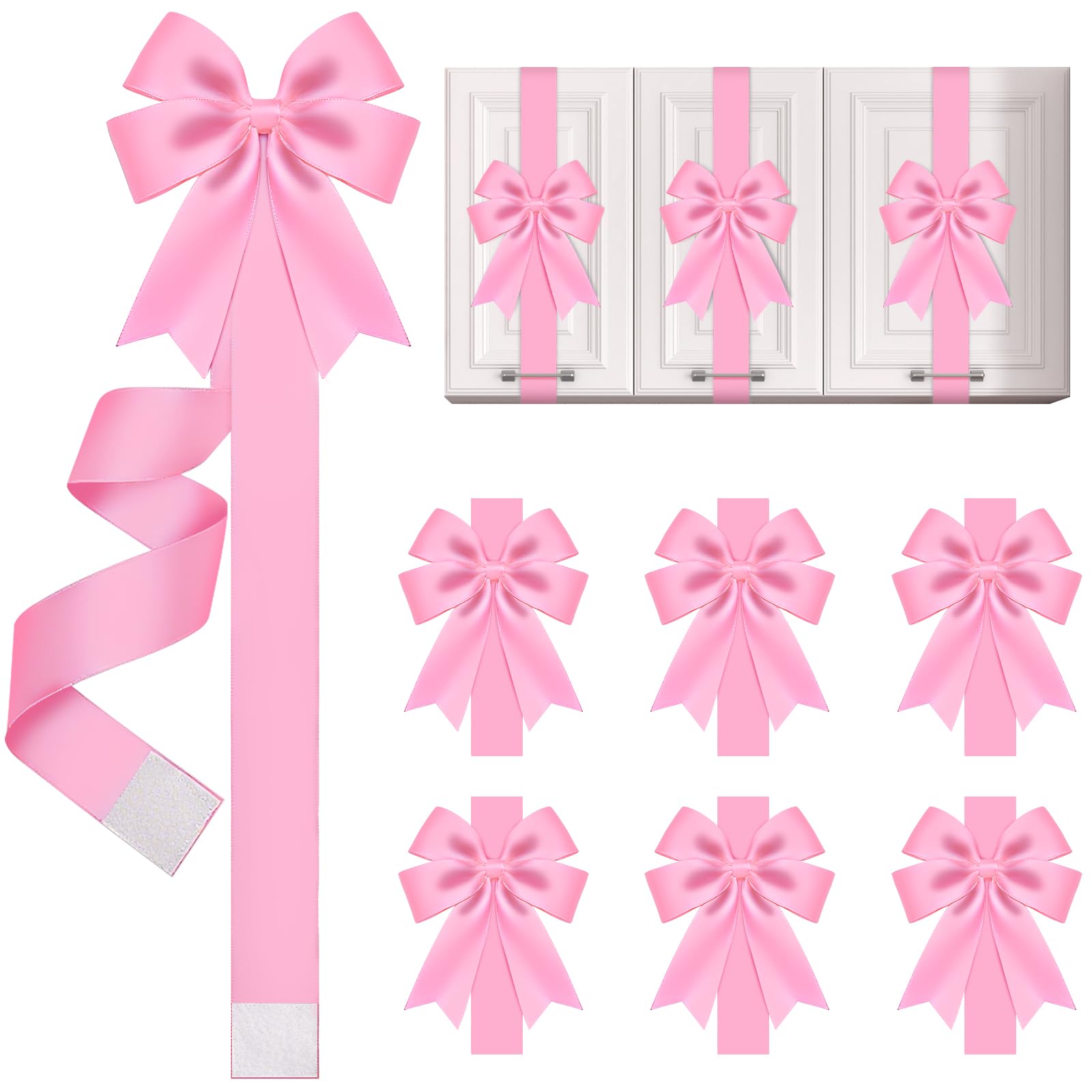 Photo 1 of WILLBOND 6 Pieces Pink Christmas Cabinet Ribbons Bows Large Pink Bow Christmas Door Kitchen Cabinet Ribbon Bows Locker for Xmas Holidays Party Decorations Supplies