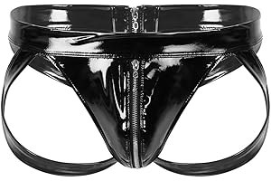 Agoky Mens Mens Shiny Metallic Zipper Pouch Bikini Briefs Low Rise Backless Lingerie Jockstrap Thongs Clubwear