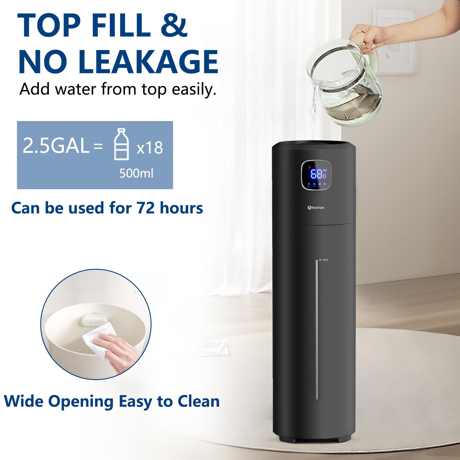 Large Humidifiers for Bedroom, 9L/2.5Gal Ultrasonic Cool Mist, Easy Clean with 350ML/H Large Mist Speed, Quiet Tower, Suitable for Kids Room Plant Yoga (Black)