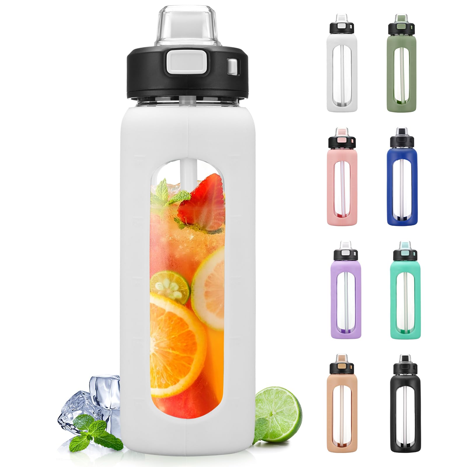 BLUEGO 700ml Glass Water Bottle with Handle and Straw Drinking Hydration Bottle with Silicone Sleeve and Time Marking Motivational Water Cup for Gym Sports Outdoor Leak-proof,White