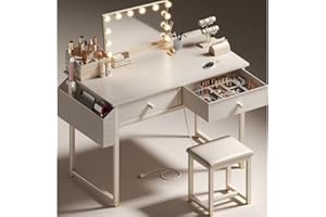 KAI-ROAD White Makeup Vanity Desk No Mirror with Chair, Small Vanity Table Set with Fabric Drawers, Power Outlet & Chair Without Mirror, Modern Make Up Desk for Girls Bedroom